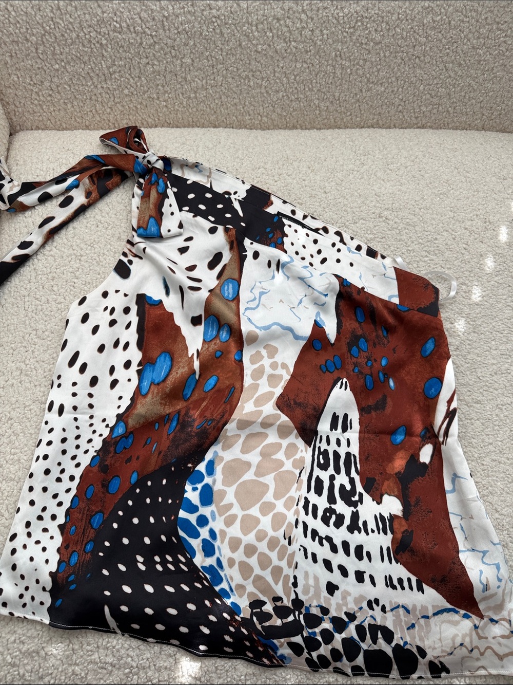 WHBM One Shoulder Printed Halter Top in Brown & Blue Size M